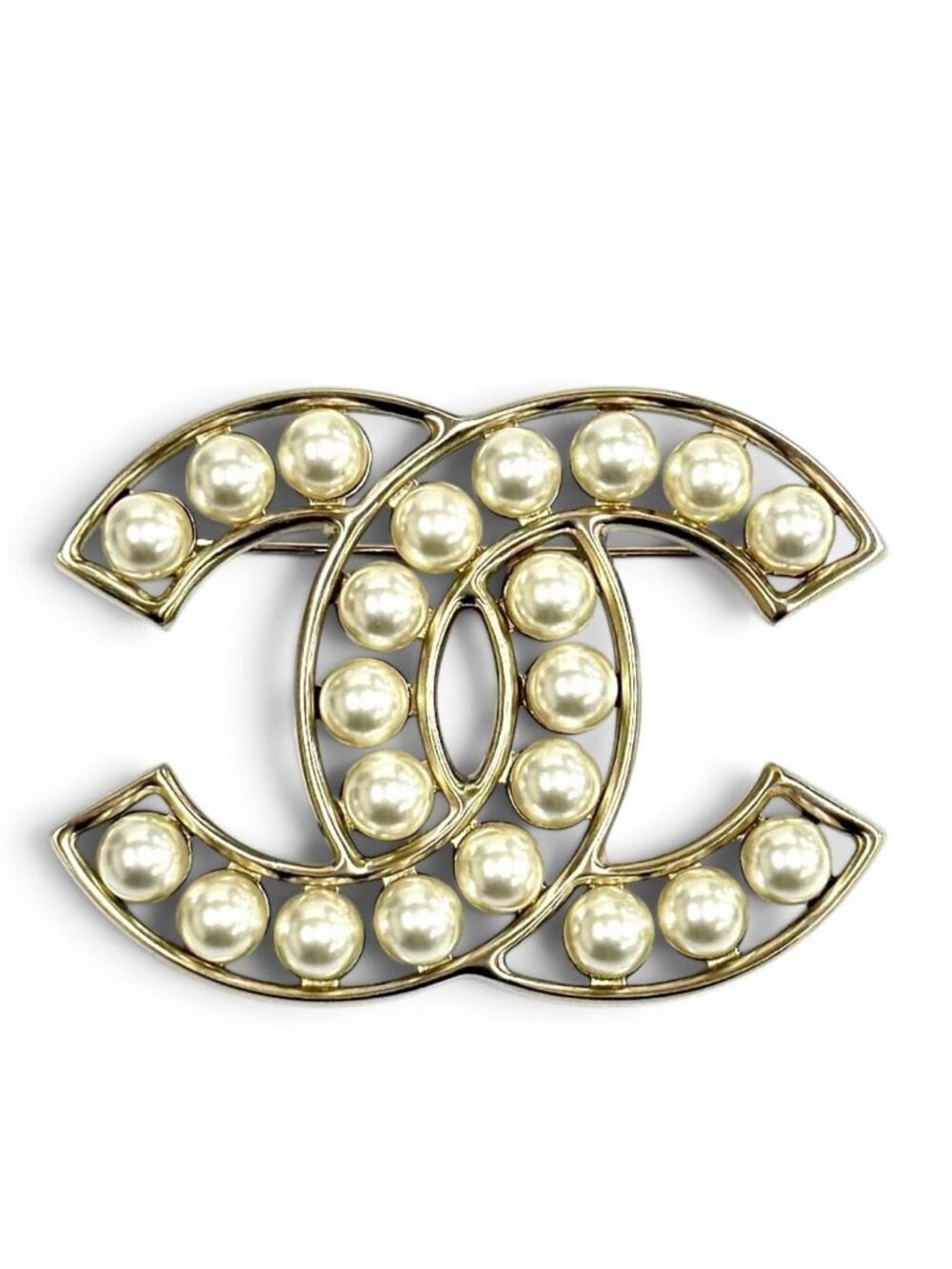 Chanel CC Logo Faux Pearl Brooch White Gold